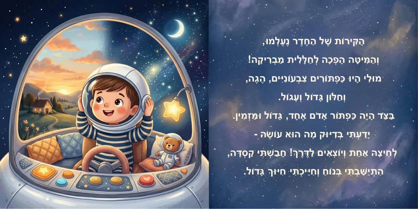 Illustrated space adventure book spread